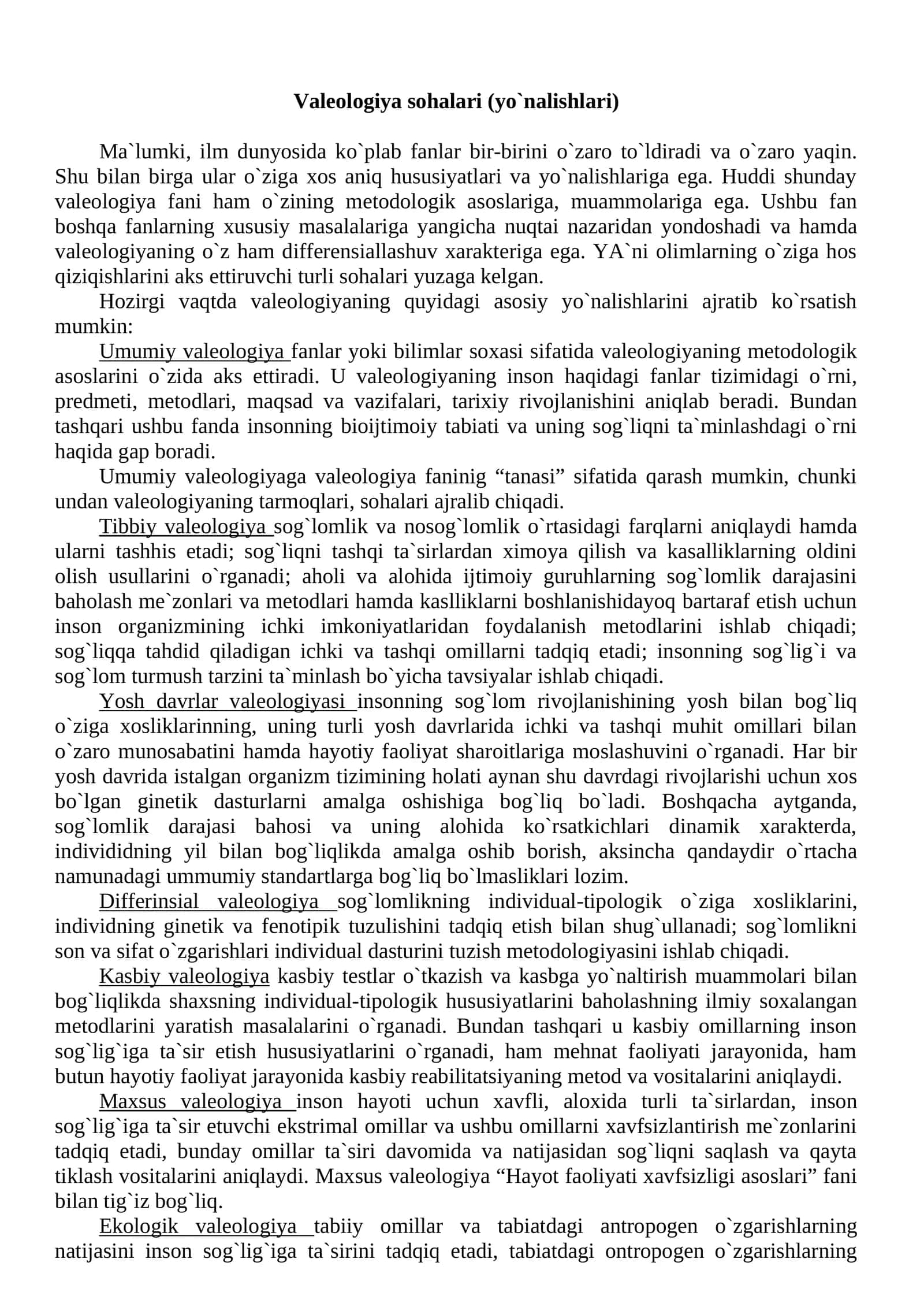 Valeologiya sohalari (yo`nalishlari) 1