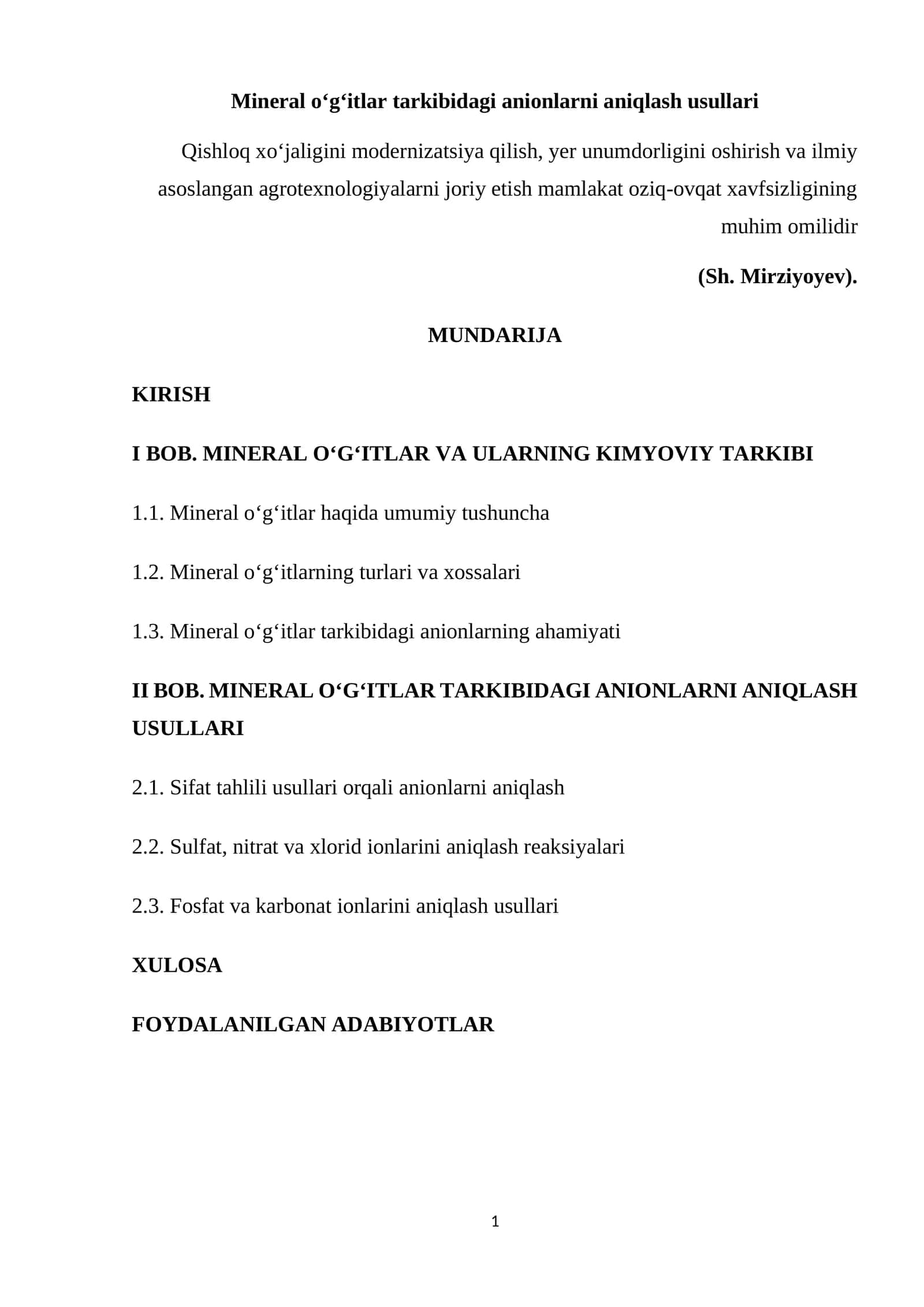 Mineral oʻgʻitlar tarkibidagi anionlarni aniqlash usullari 1