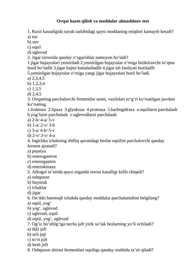 Ovqat hazm qilish va moddalar almashinuv test 1