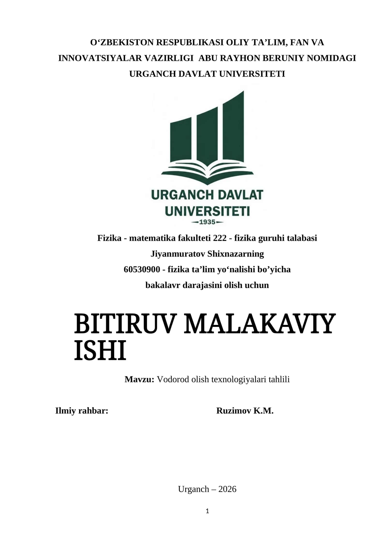 Vodorod olish texnologiyalari tahlili 1