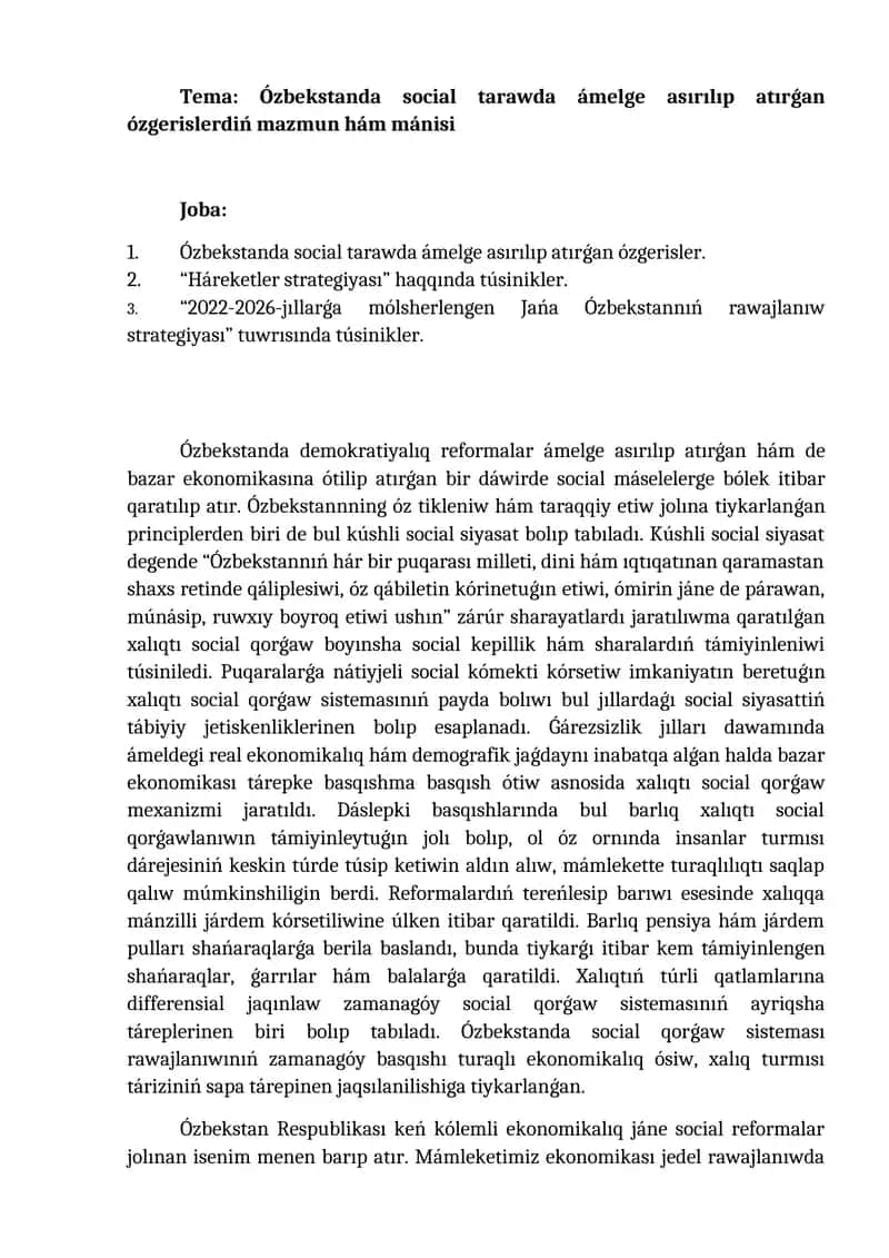 Ózbekstanda social tarawda ámelge asırılıp atırǵan ózgerislerdiń mazmun hám mánisi 1