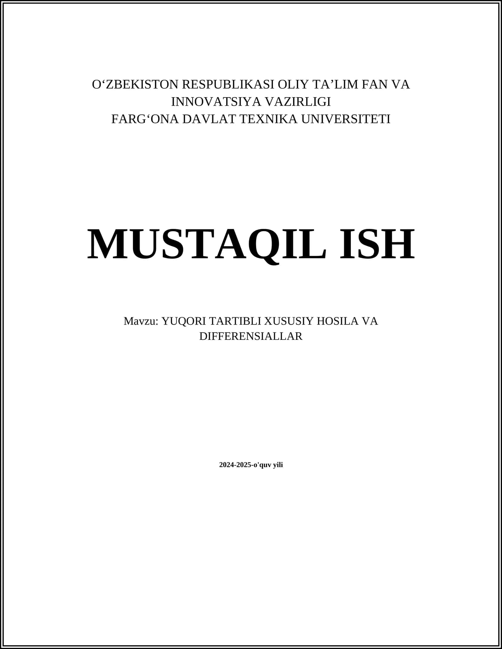 YUQORI TARTIBLI XUSUSIY HOSILA VA DIFFERENSIALLAR 1
