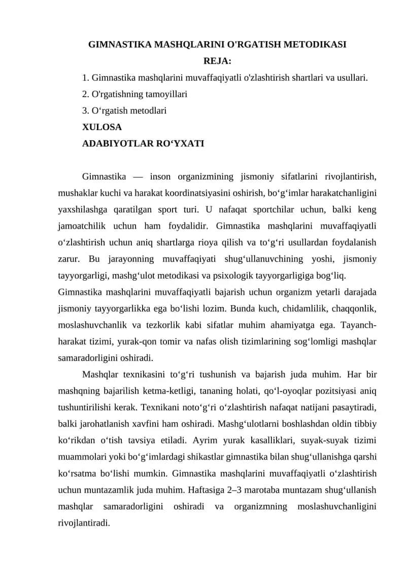 GIMNASTIKA MASHQLARINI O'RGATISH METODIKASI 1