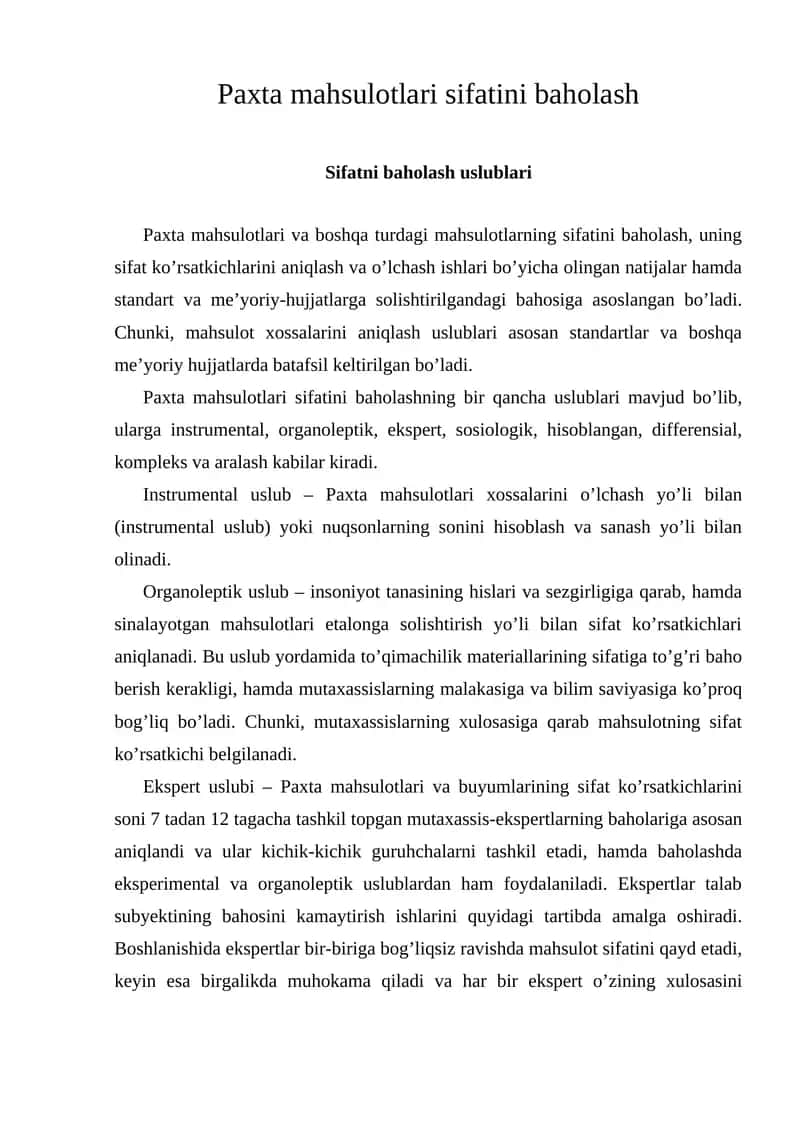 Paxta mahsulotlari sifatini baholash 1