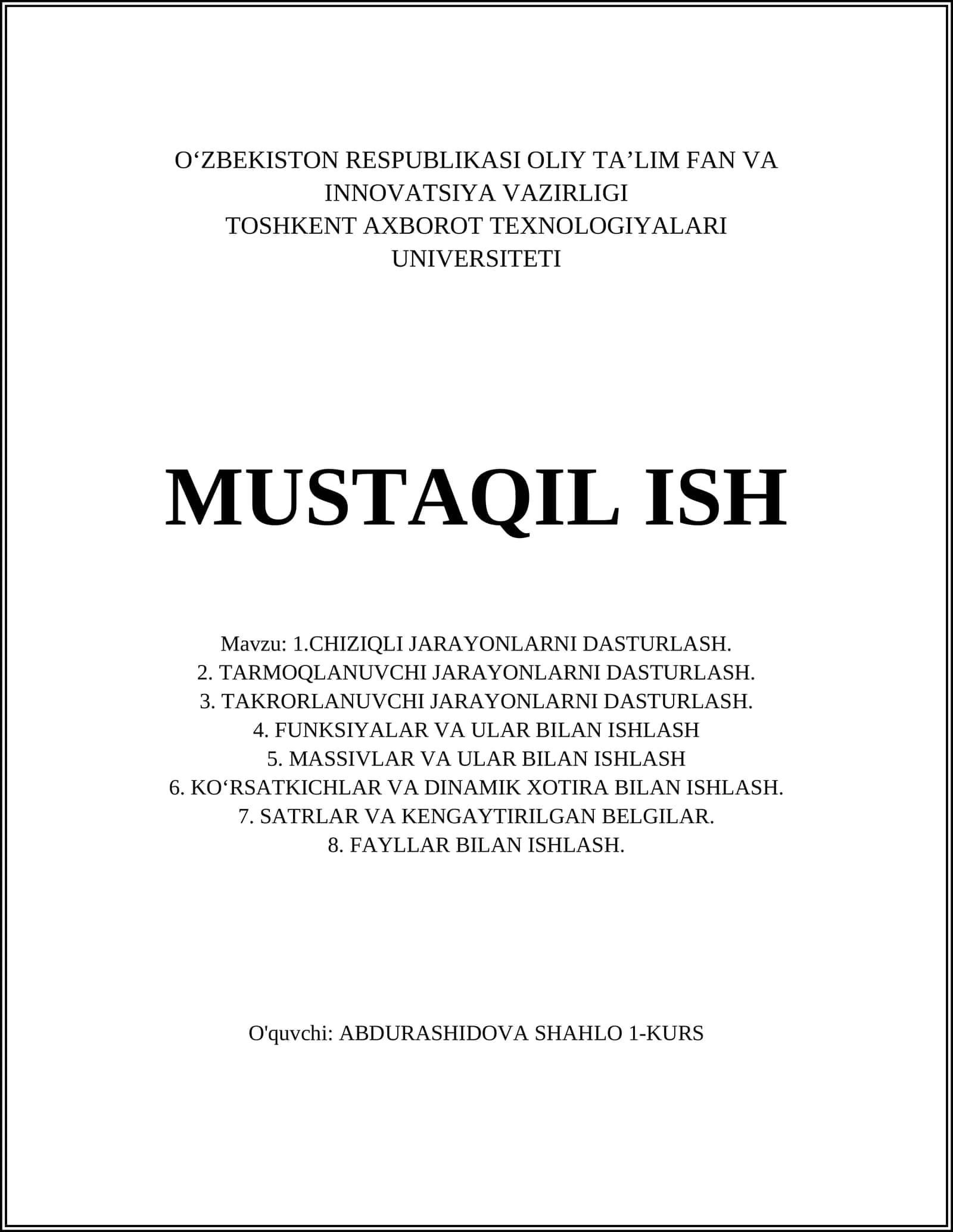 CHIZIQLI JARAYONLARNI DASTURLASH 1