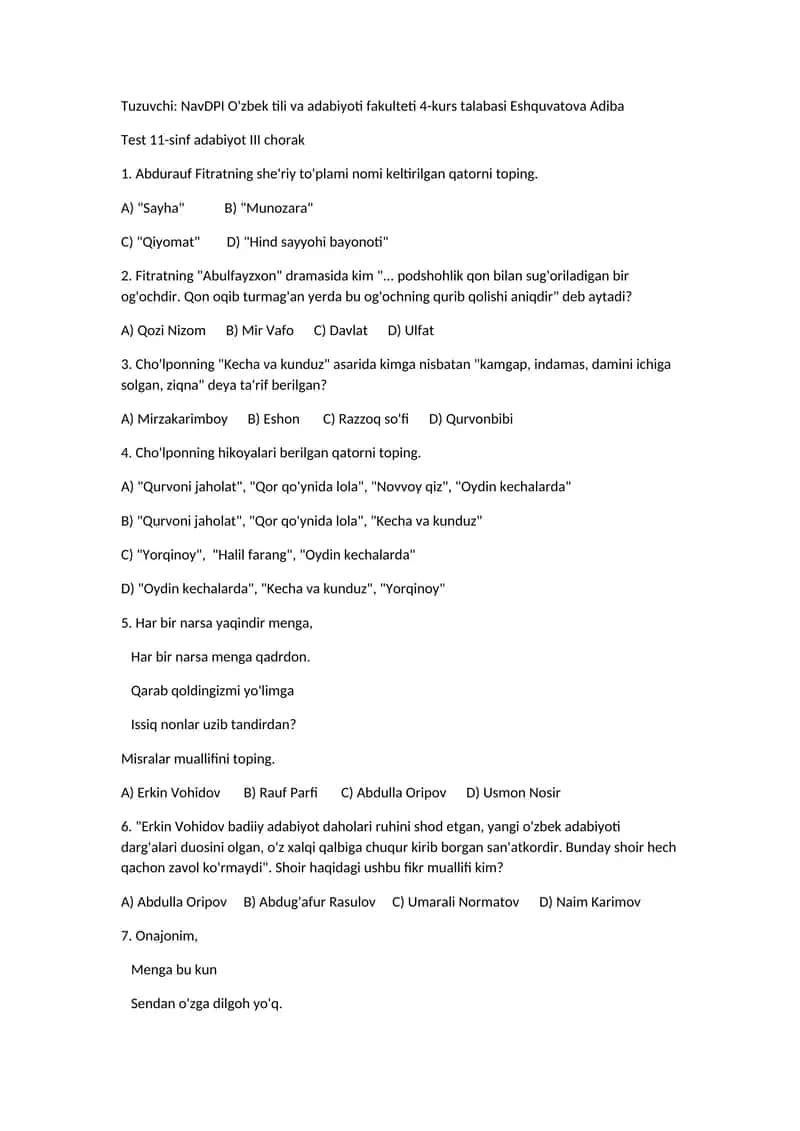 Test 11-sinf adabiyot III chorak 1