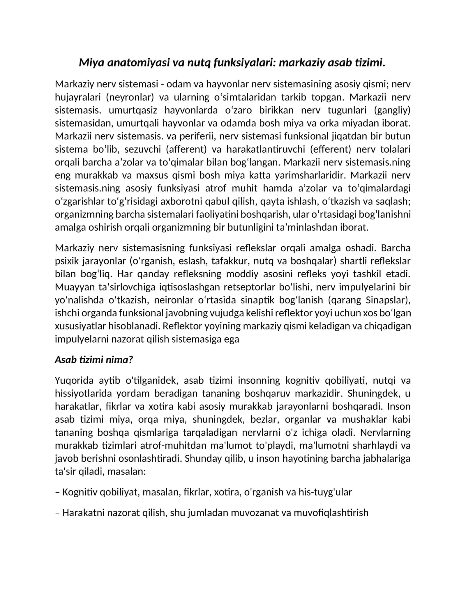 Miya anatomiyasi va nutq funksiyalari: markaziy asab tizimi 1
