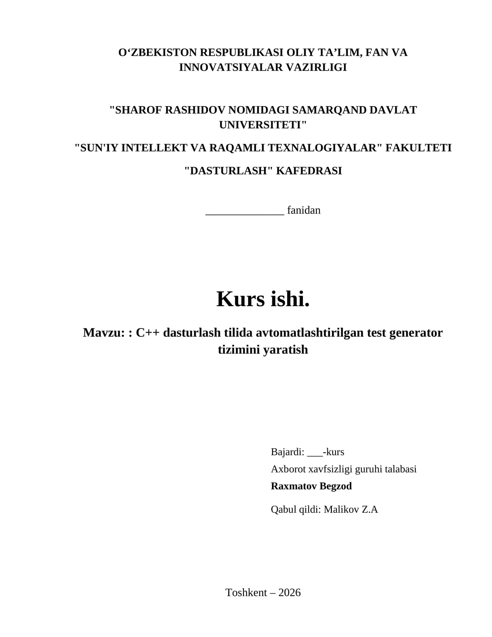 : C++ dasturlash tilida avtomatlashtirilgan test generator tizimini yaratish 1