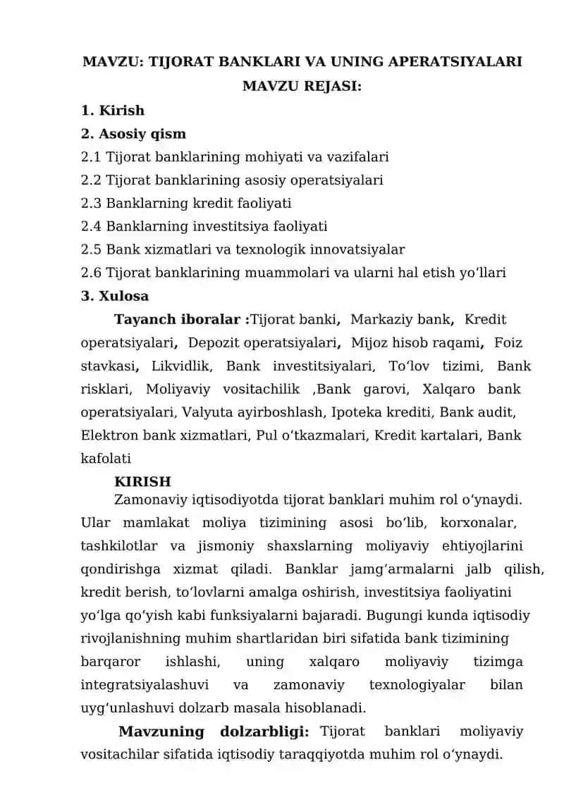 TIJORAT BANKLARI VA UNING APERATSIYALARI