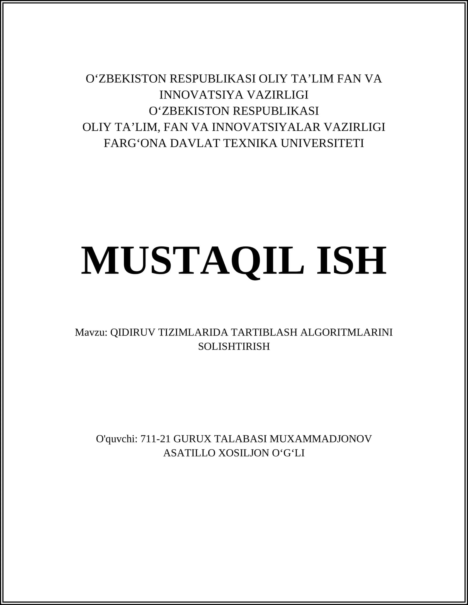 QIDIRUV TIZIMLARIDA TARTIBLASH ALGORITMLARINI SOLISHTIRISH 1