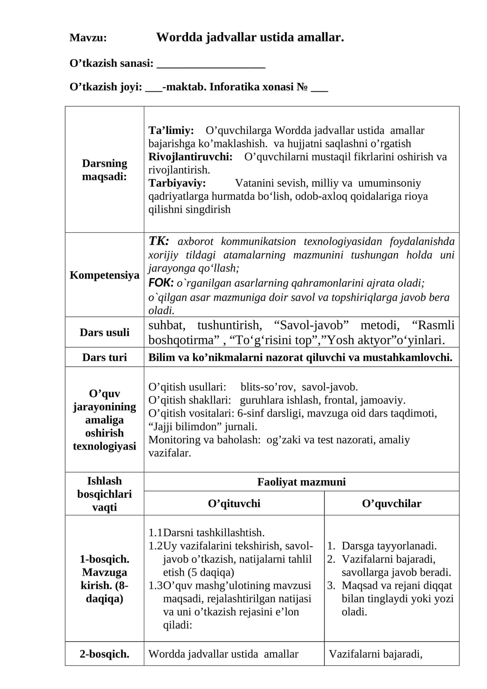 Wordda jadvallar ustida amallar 1