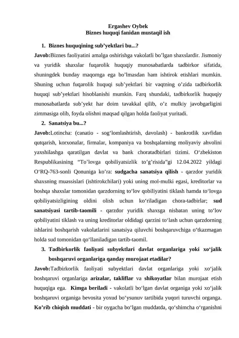 Biznes huquqi fanidan mustaqil ish