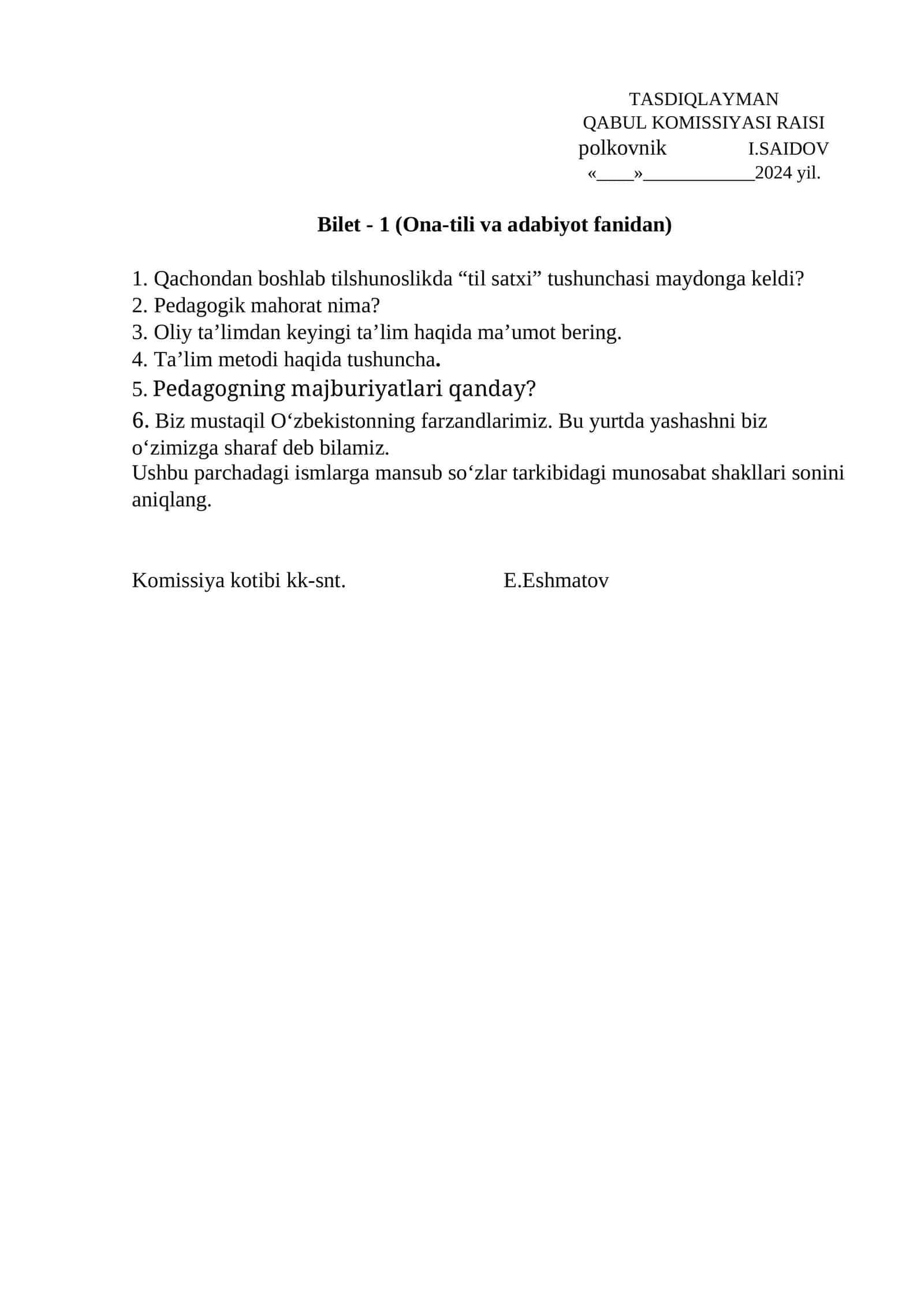 Bilet - 1 (Ona-tili va adabiyot fanidan) 1