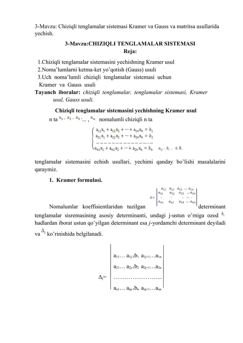 Chiziqli tenglamalar sistemasi Kramer va Gauss va matritsa usullarida yechish. 1