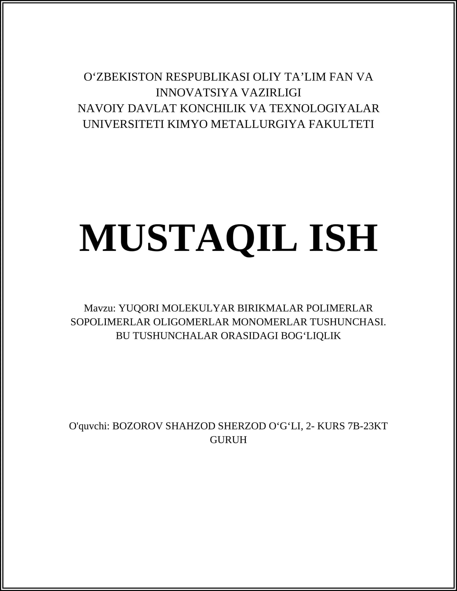 Yuqori molekulyar birikmalar tushunchasi 1
