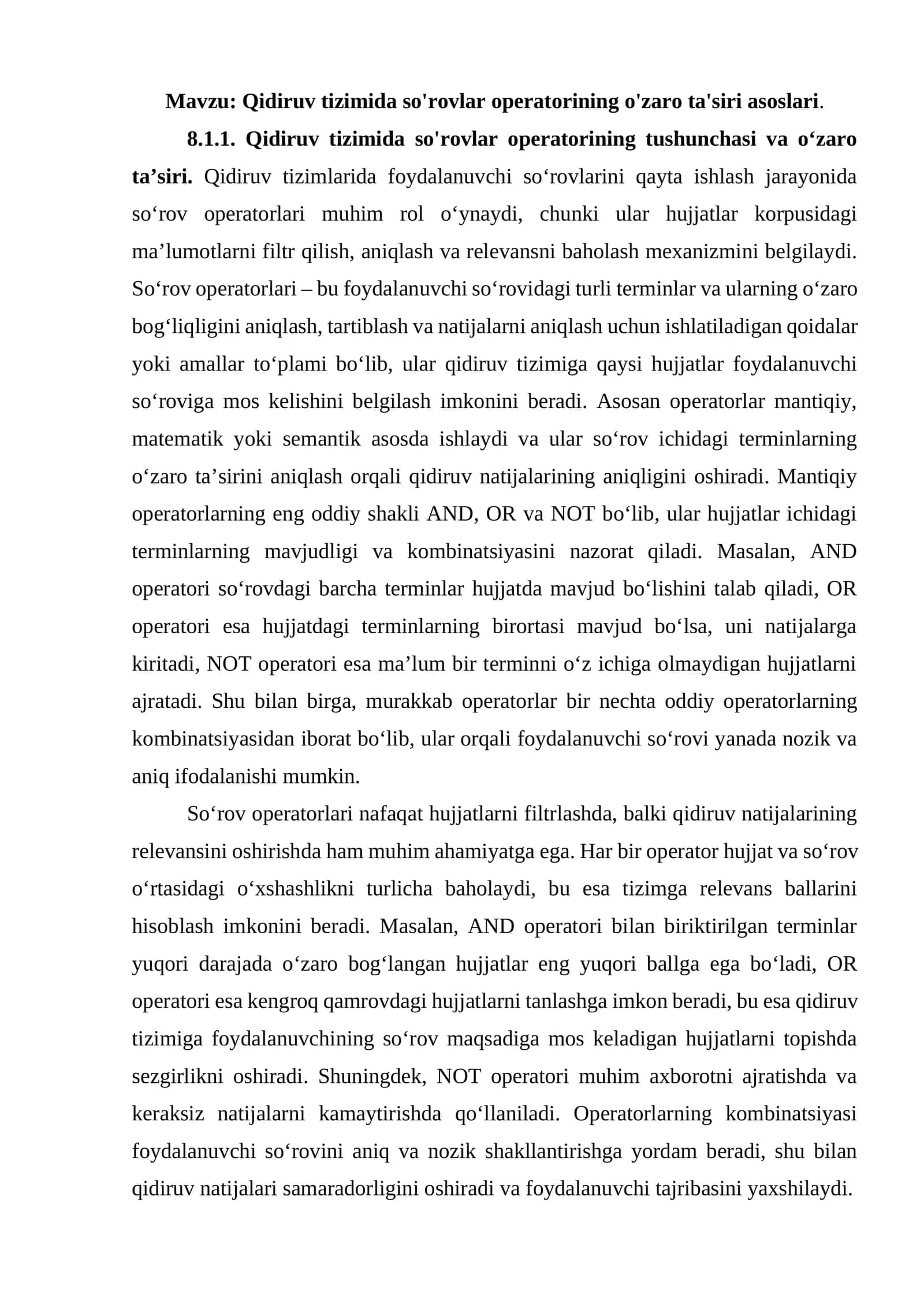 Qidiruv tizimida so'rovlar operatorining o'zaro ta'siri asoslari 1