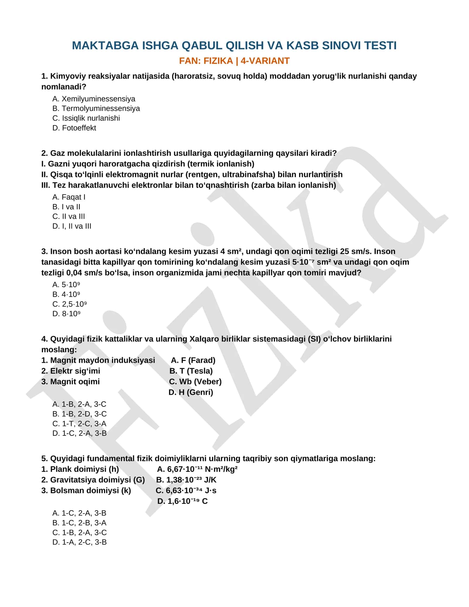 MAKTABGA ISHGA QABUL QILISH VA KASB SINOVI TESTI 1