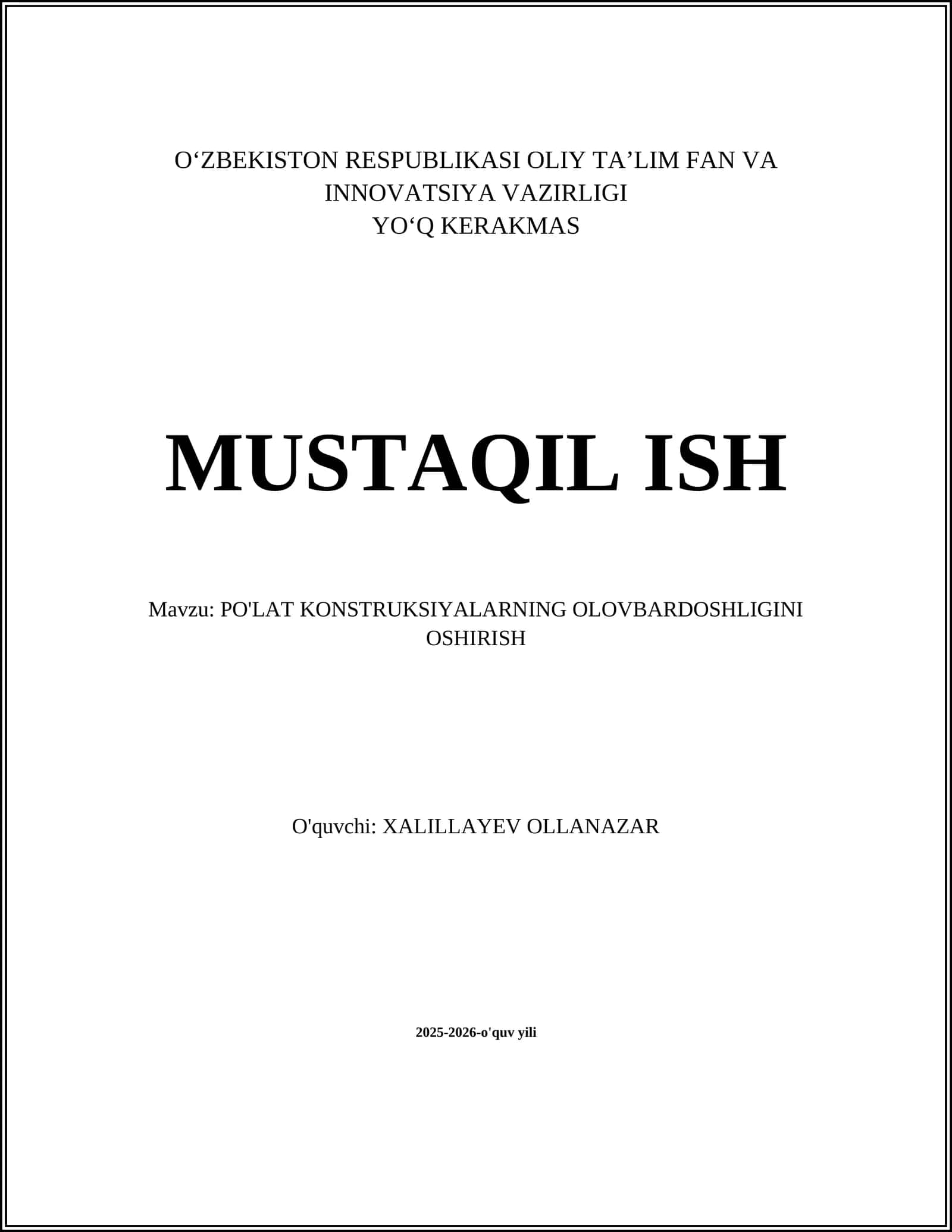 PO'LAT KONSTRUKSIYALARNING OLOVBARDOSHLIGINI OSHIRISH 1