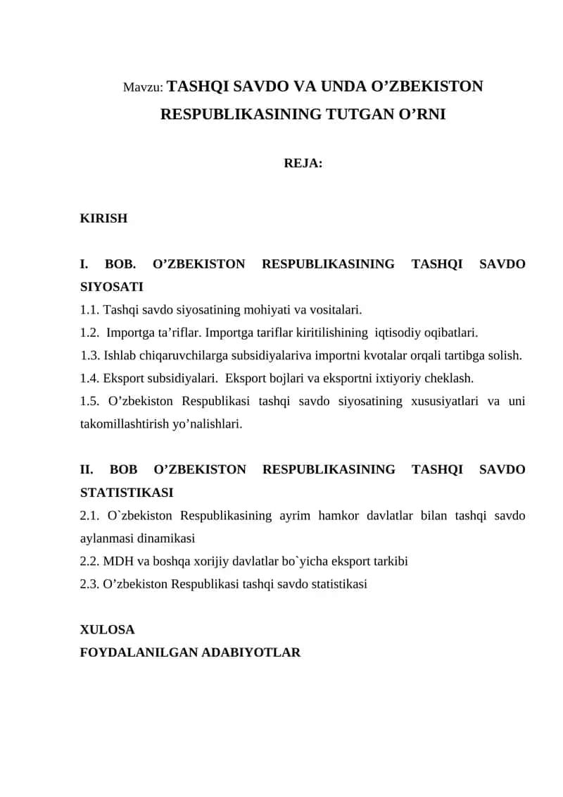 TASHQI SAVDO VA UNDA O’ZBEKISTON RESPUBLIKASINING TUTGAN O’RNI 1