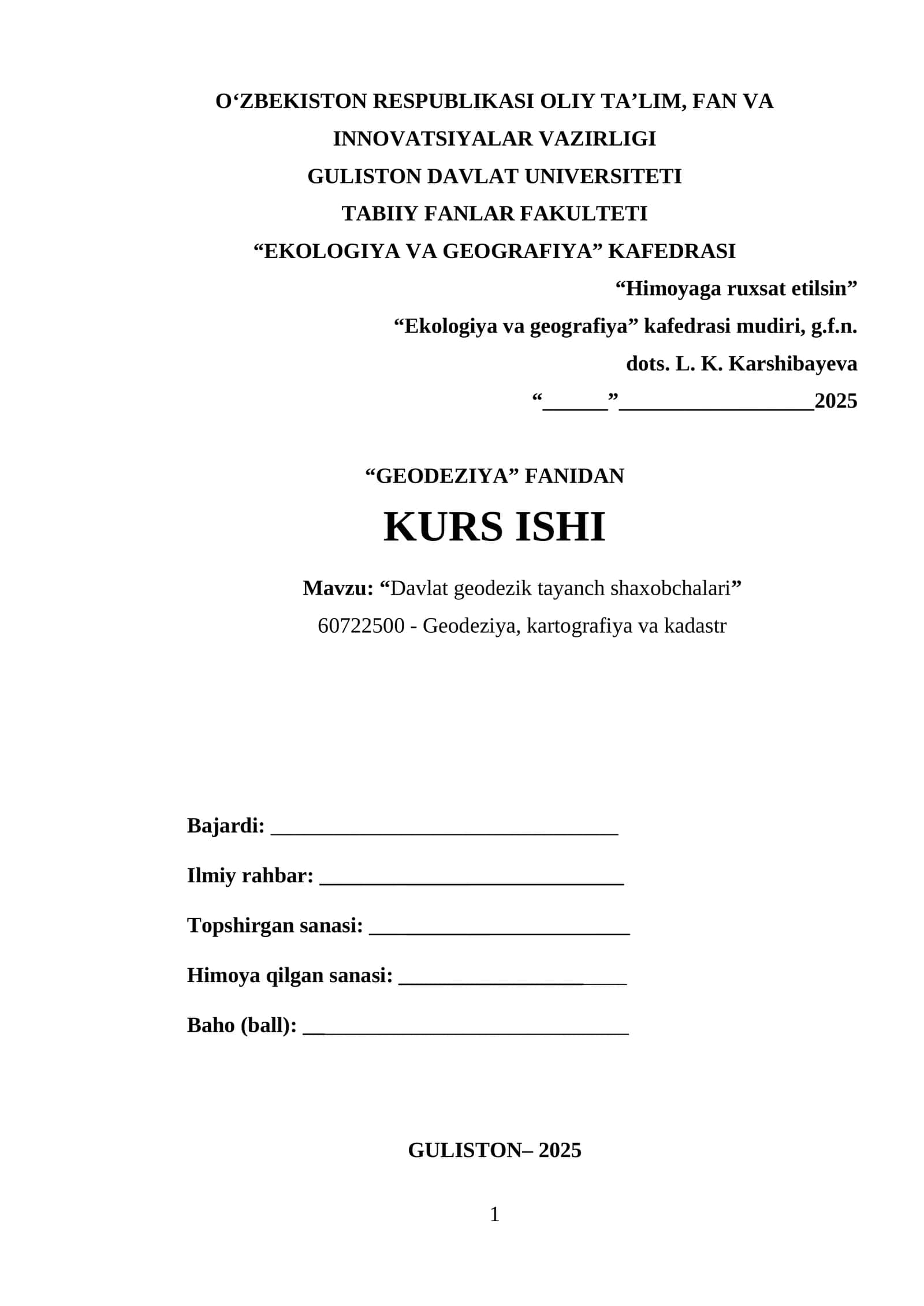 Davlat geodezik tayanch shaxobchalari kurs ishi 1