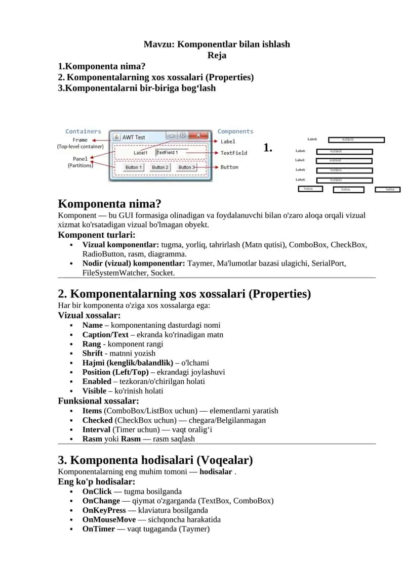 Komponentlar bilan ishlash 1
