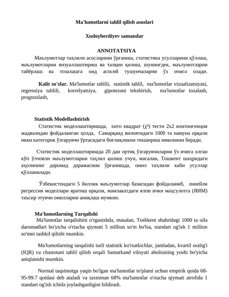 Ma'lumotlarni tahlil qilish asoslari 1