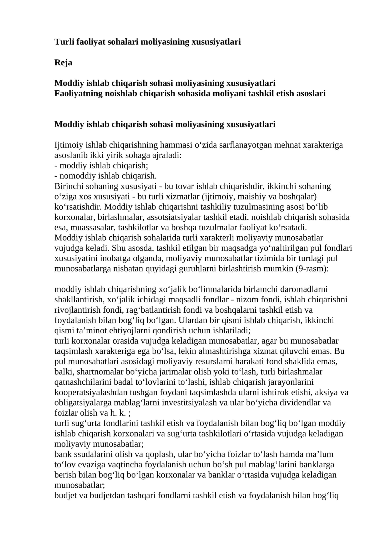 Turli faoliyat sohalari moliyasining xususiyatlari 1