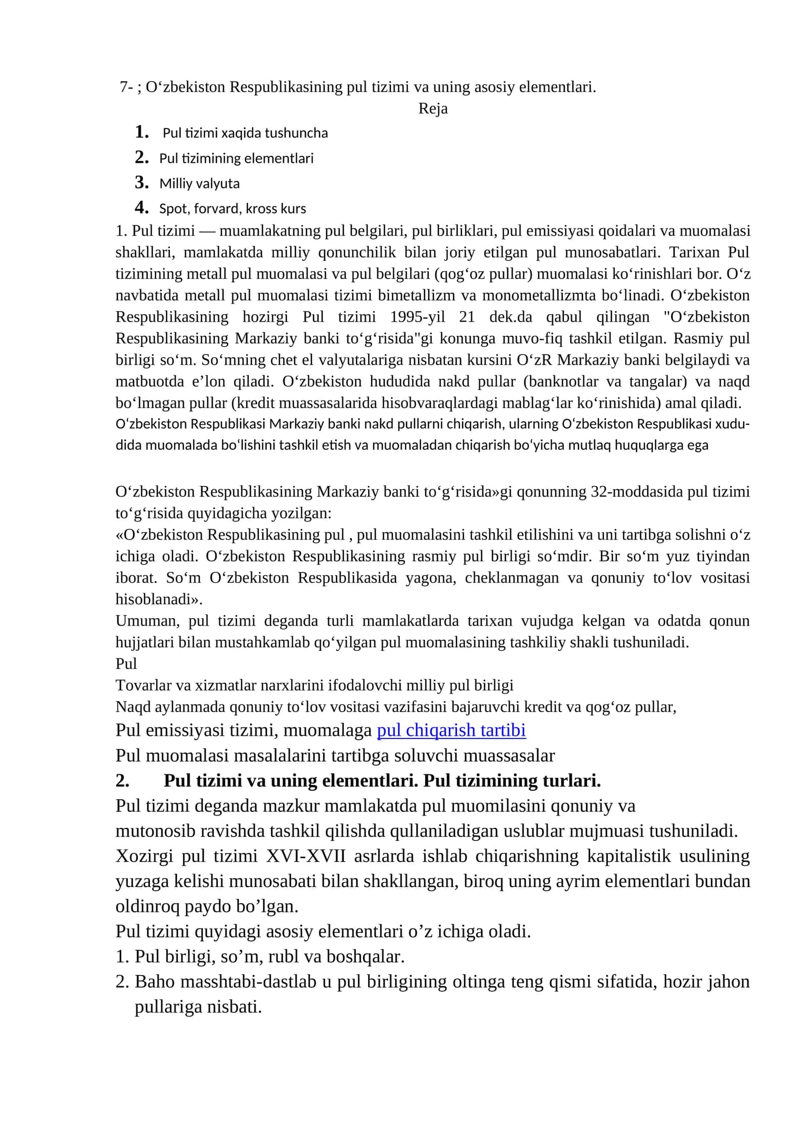 O‘zbekiston Respublikаsining pul tizimi va uning asosiy elementlari 1