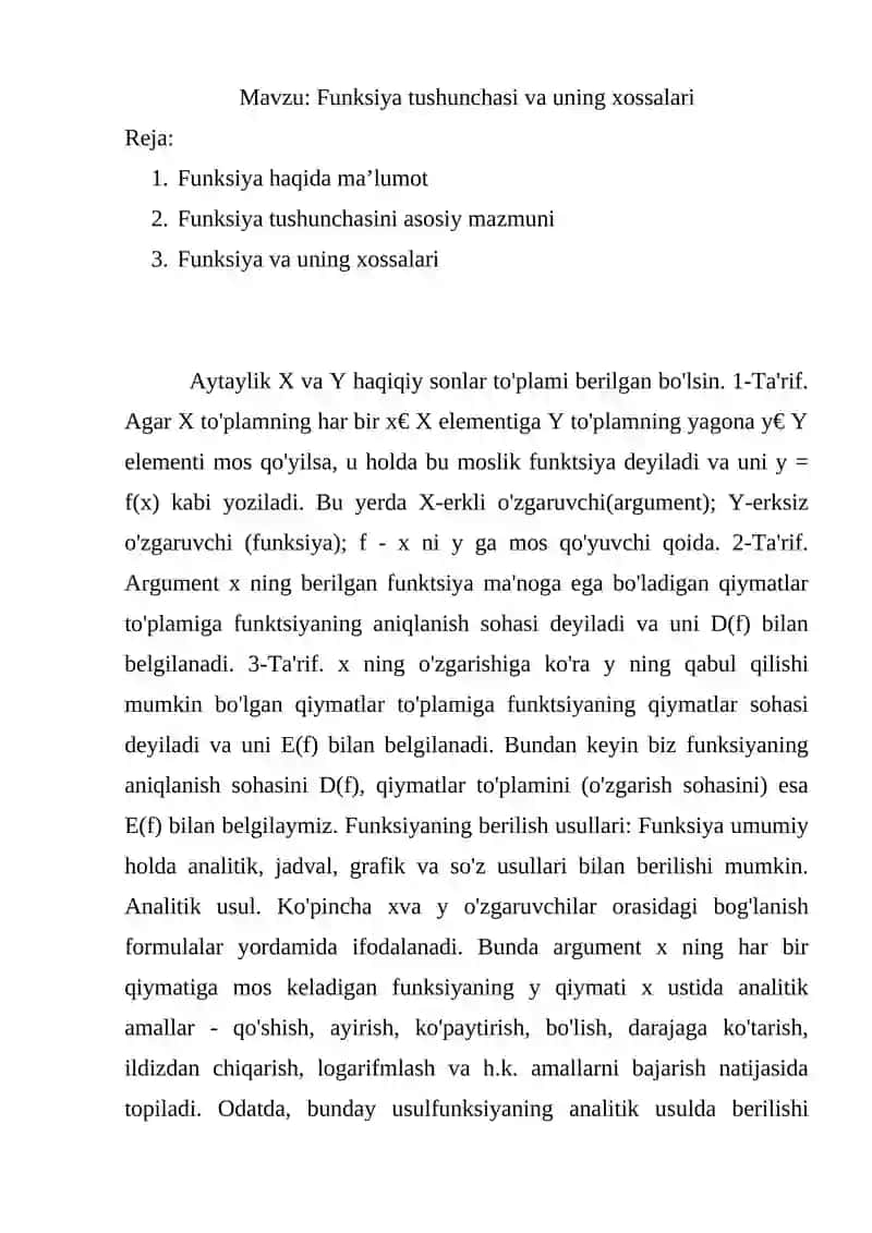 Funksiya tushunchasi va uning xossalari