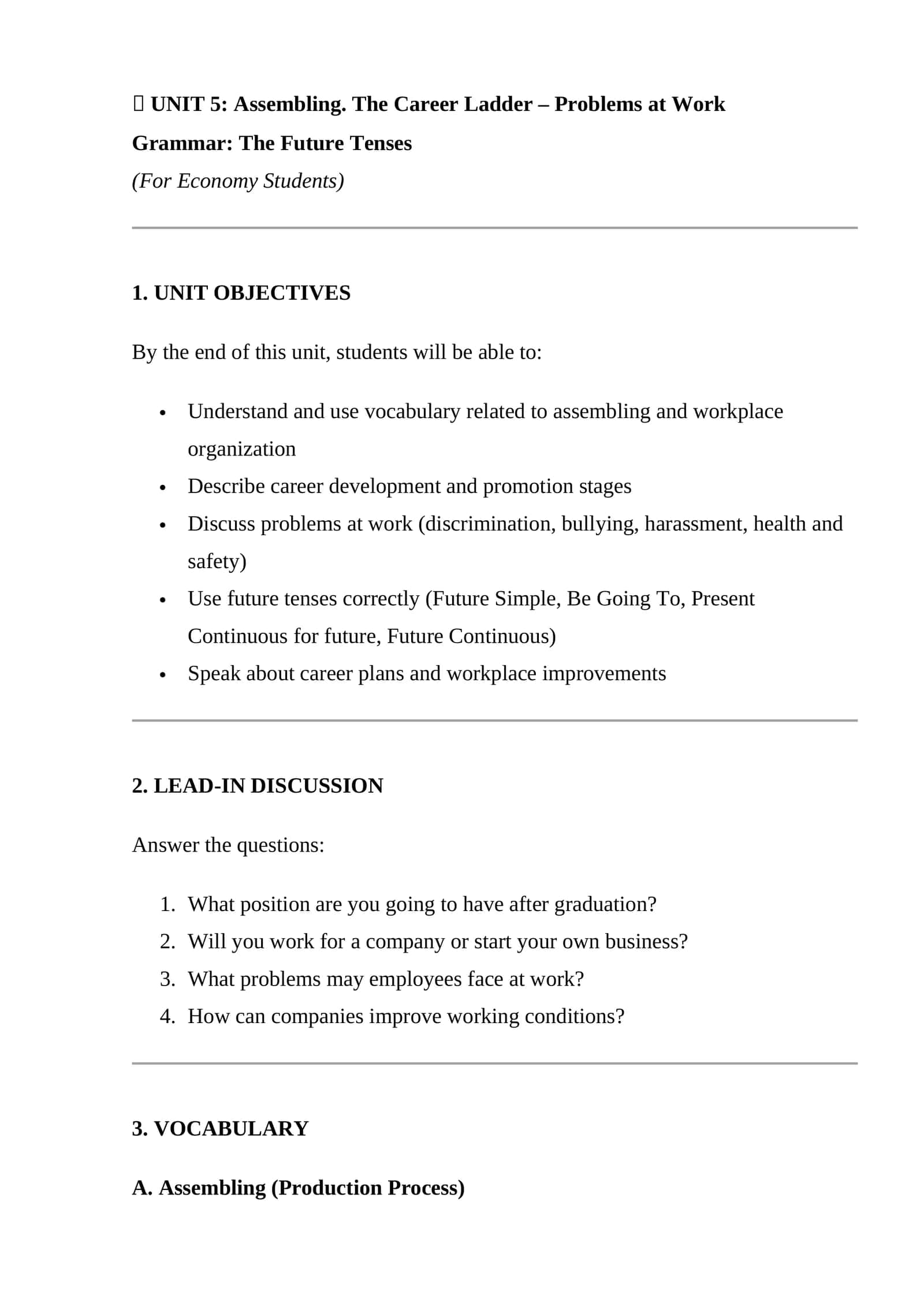 UNIT 5: Assembling. The Career Ladder – Problems at Work 1