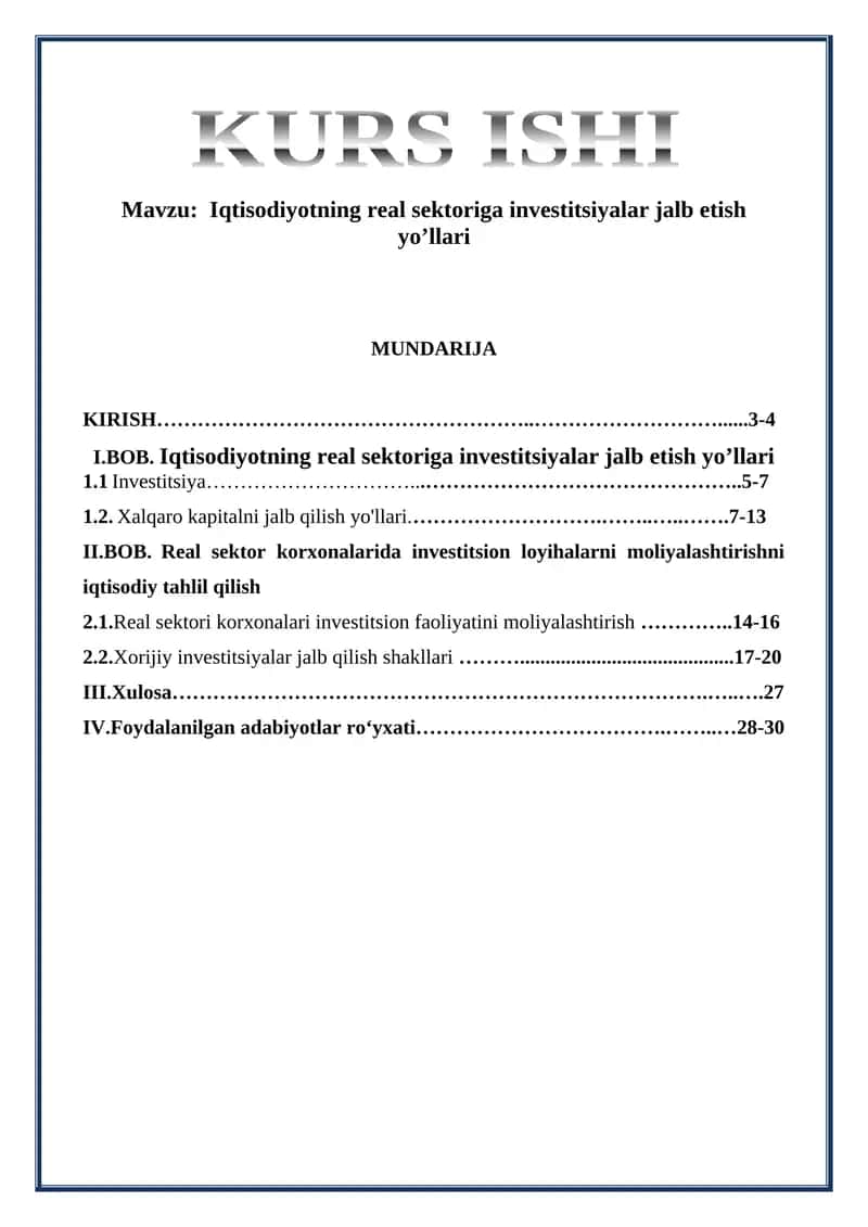 Iqtisodiyotning real sektoriga investitsiyalar jalb etish yo’llari 1