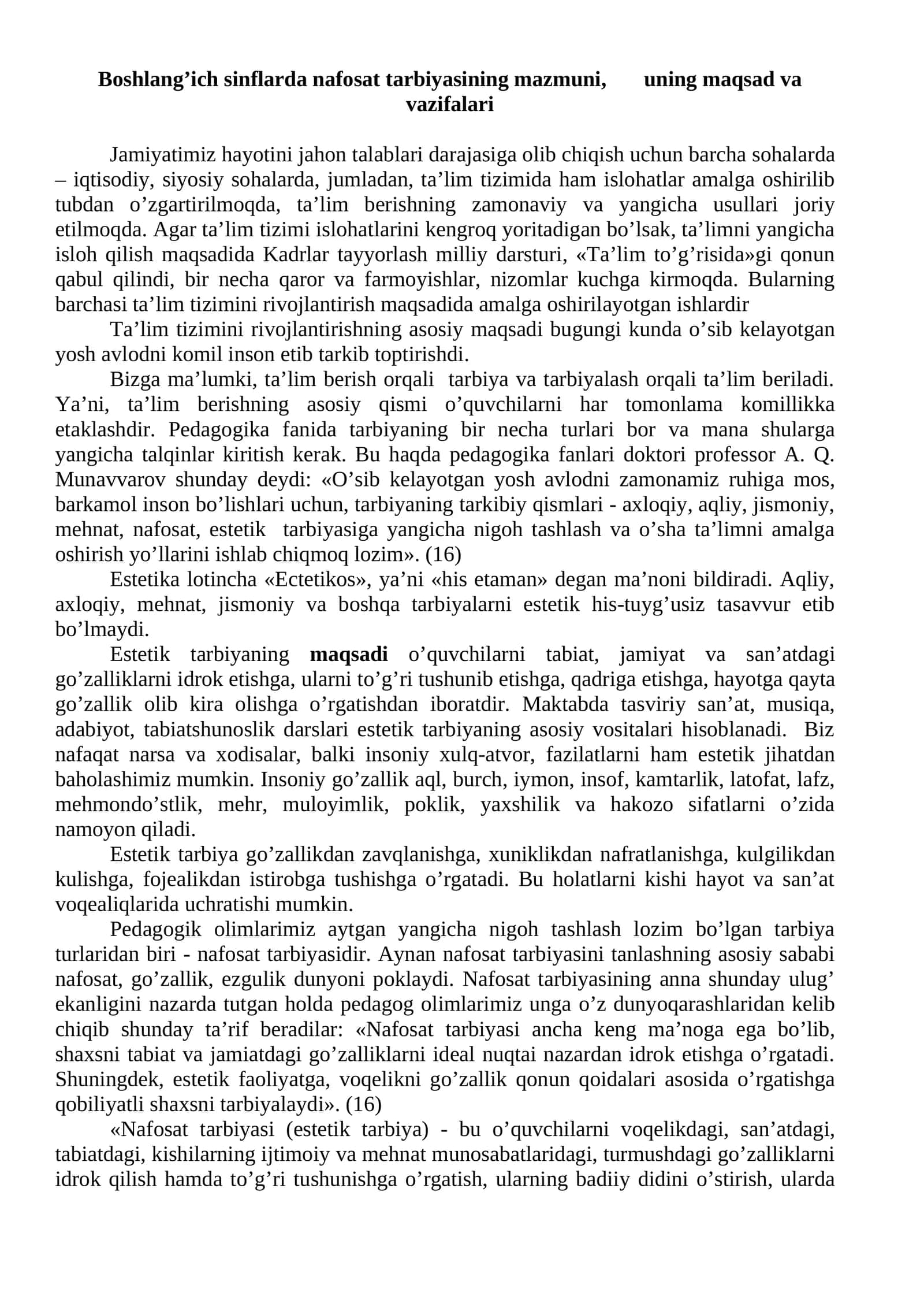Boshlang’ich sinflarda nafosat tarbiyasining mazmuni, uning maqsad va vazifalari 1