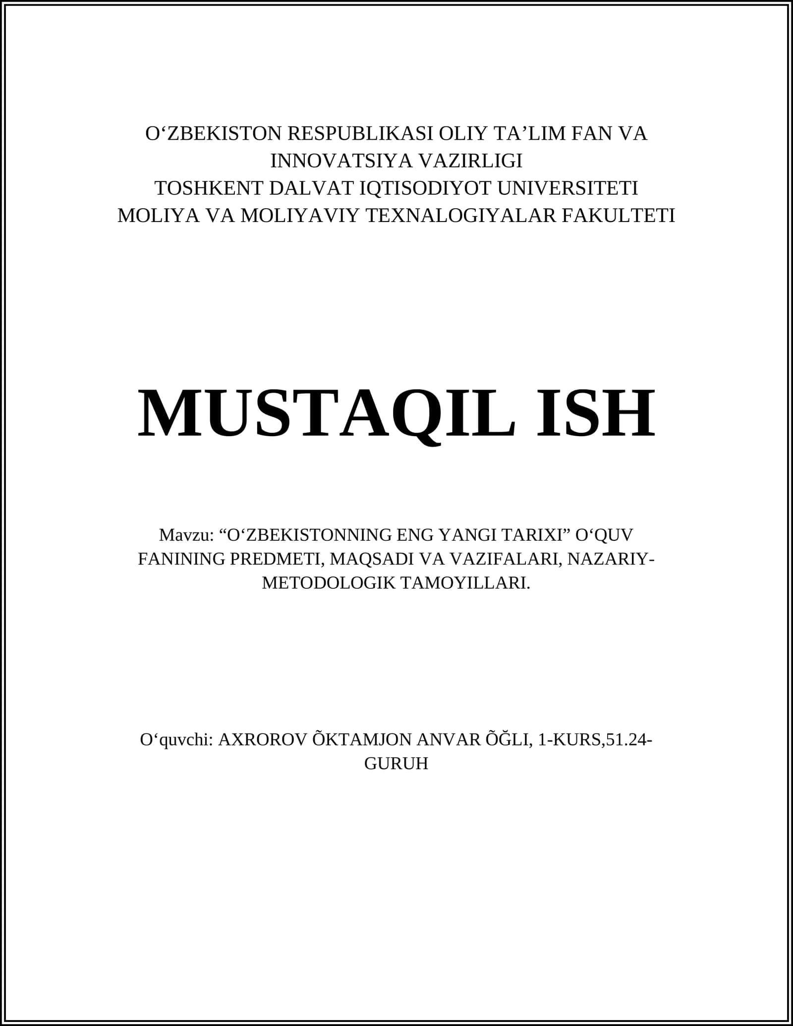 O‘zbekistonning eng yangi tarixi fani 1