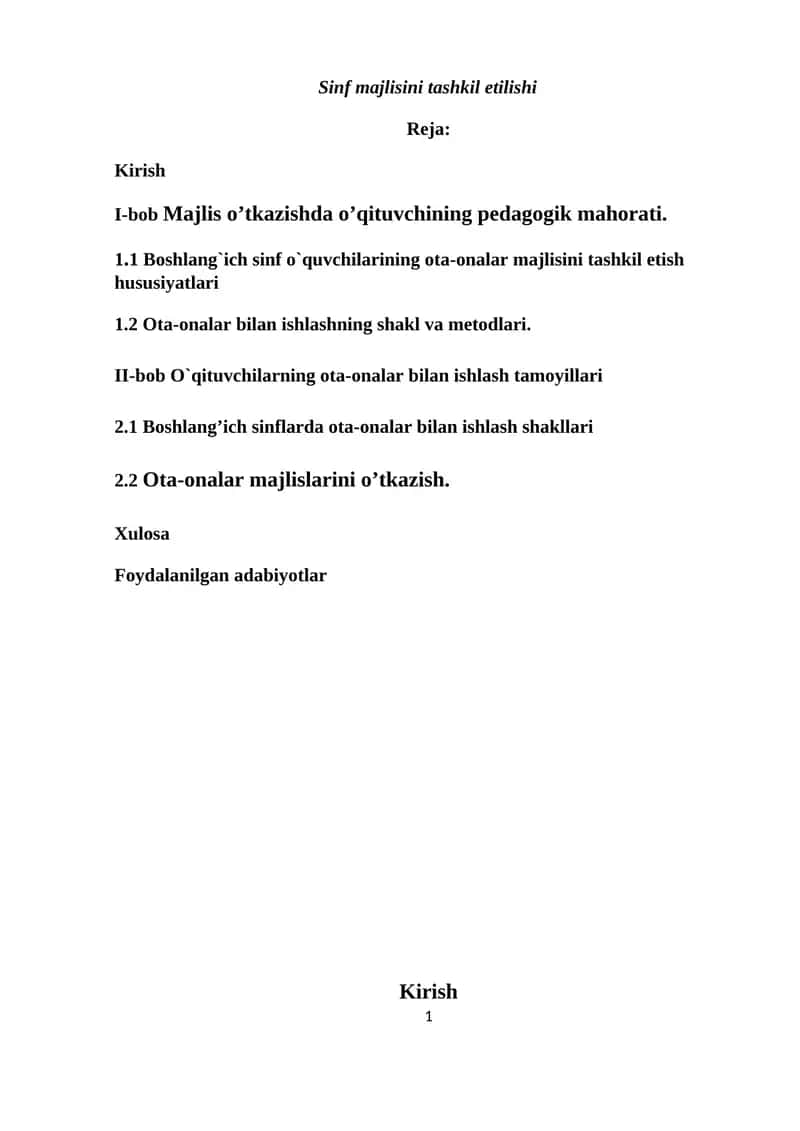 Sinf Majlisini Tashkil Etish 1