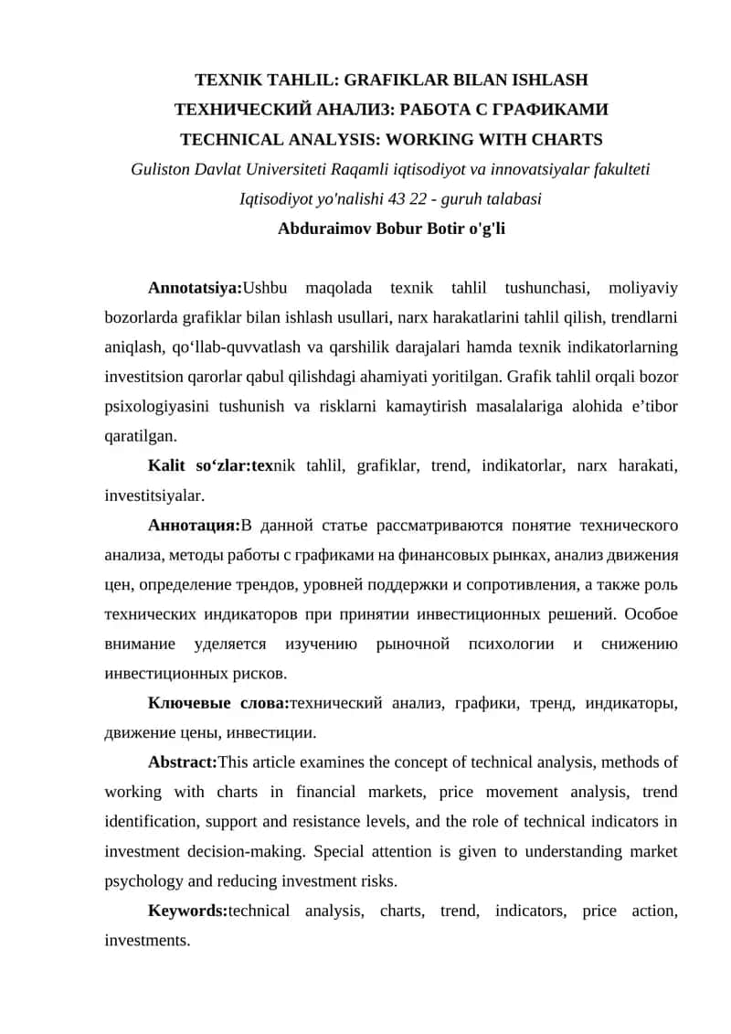 TEXNIK TAHLIL: GRAFIKLAR BILAN ISHLASH 1