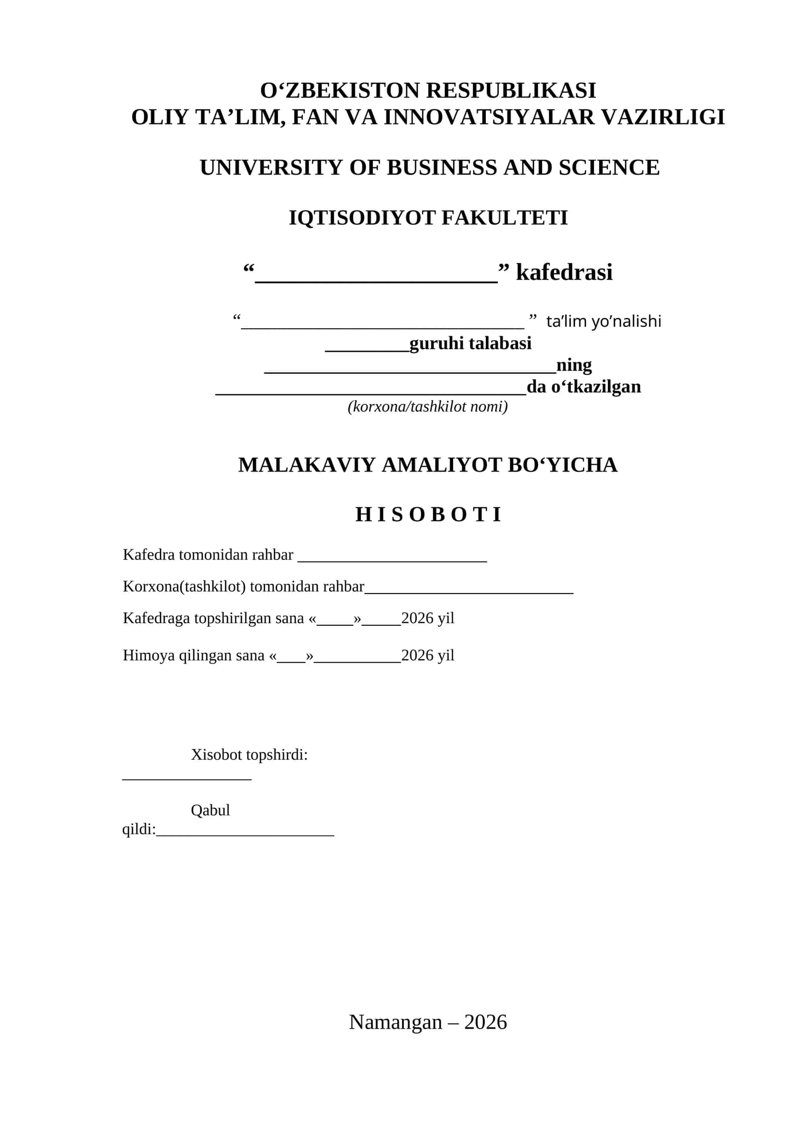 MALAKAVIY AMALIYOT BO'YICHA HISOBOTI 1