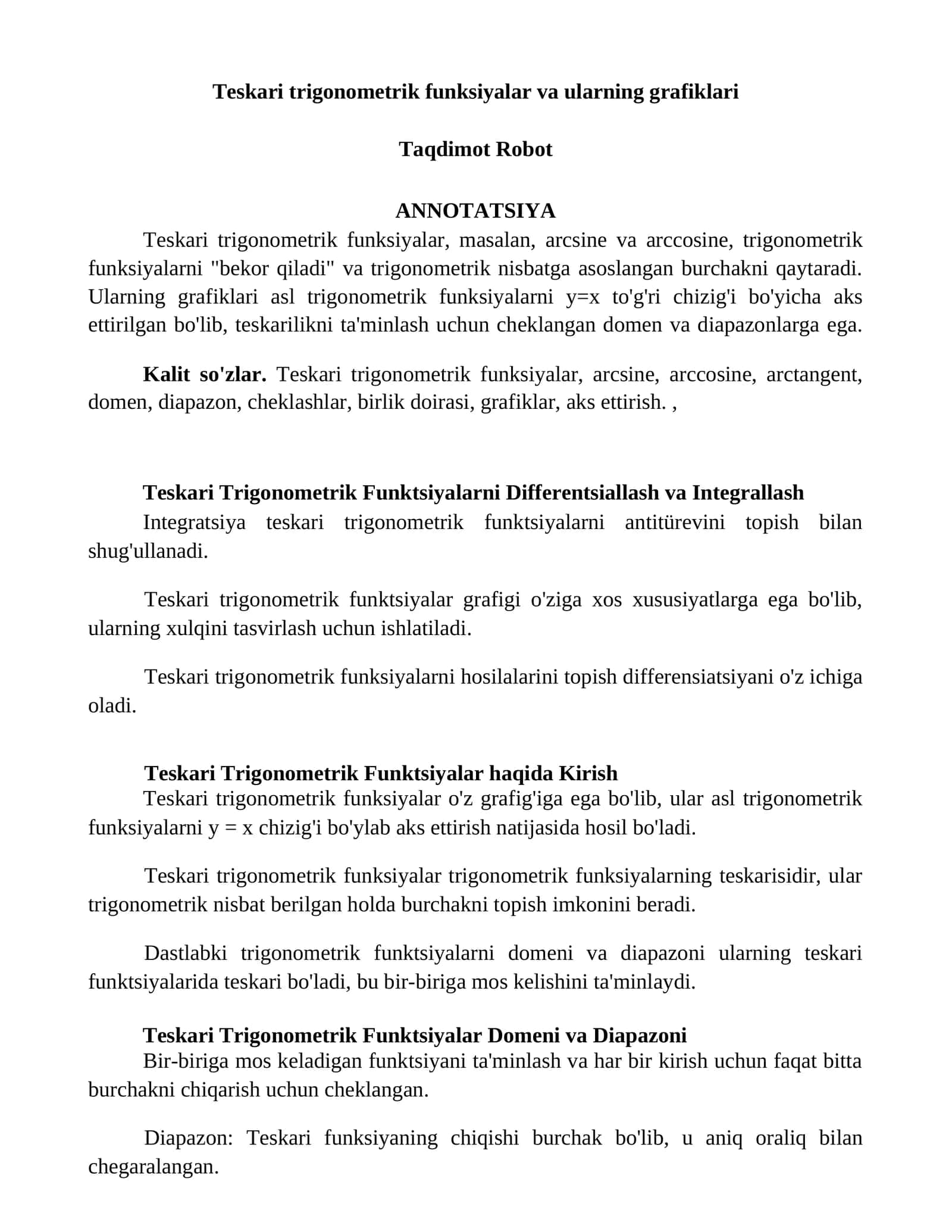 Teskari trigonometrik funksiyalar va ularning grafiklari 1