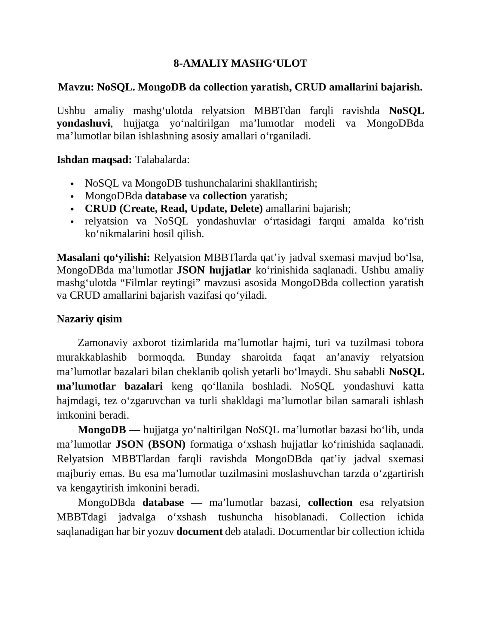 NoSQL. MongoDB da collection yaratish, CRUD amallarini bajarish 1