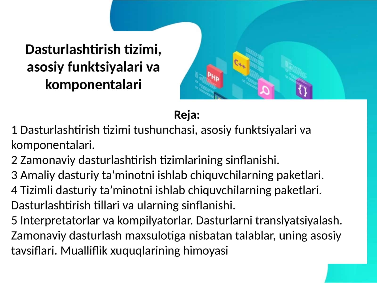 Dasturlashtirish tizimi, asosiy funktsiyalari va komponentalari 1