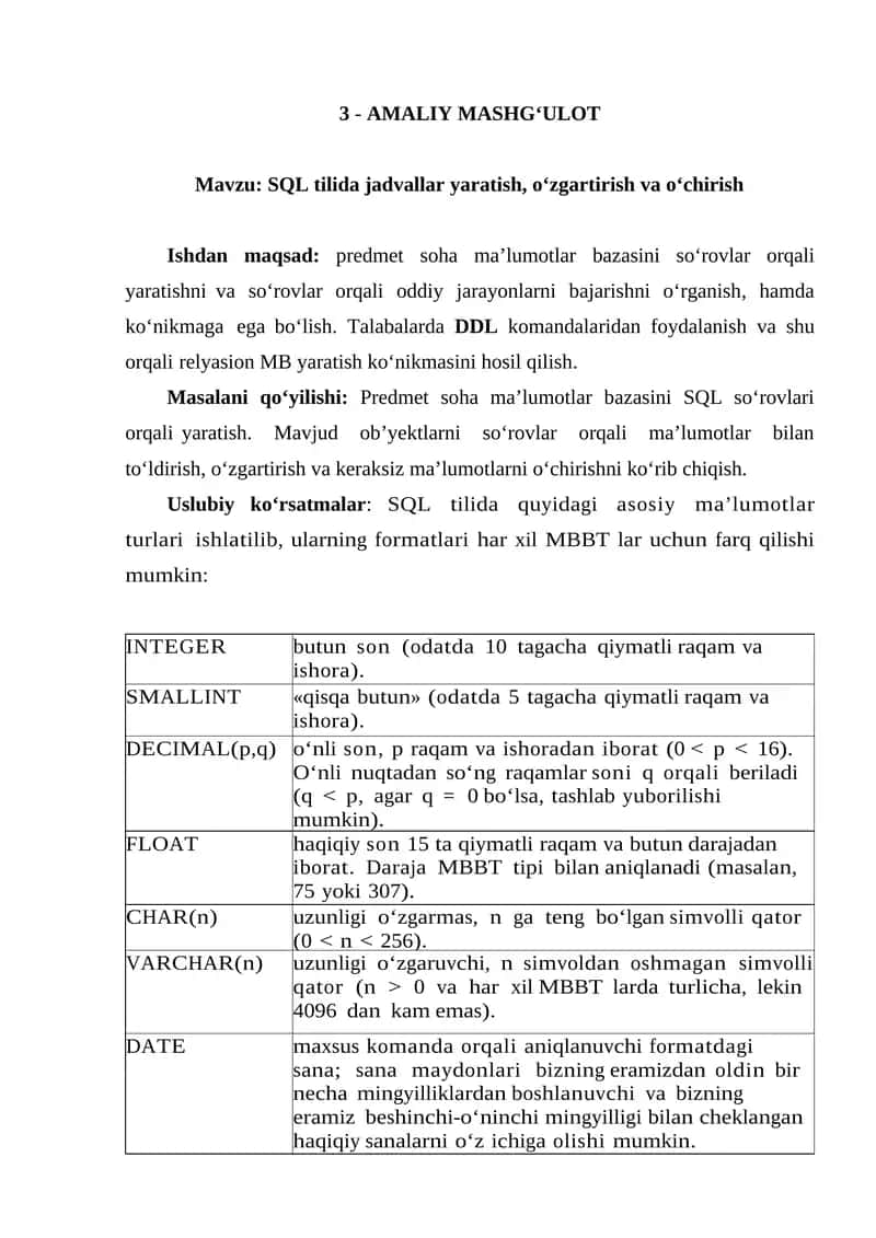 SQL tilida jadvallar yaratish, o‘zgartirish va o‘chirish 1