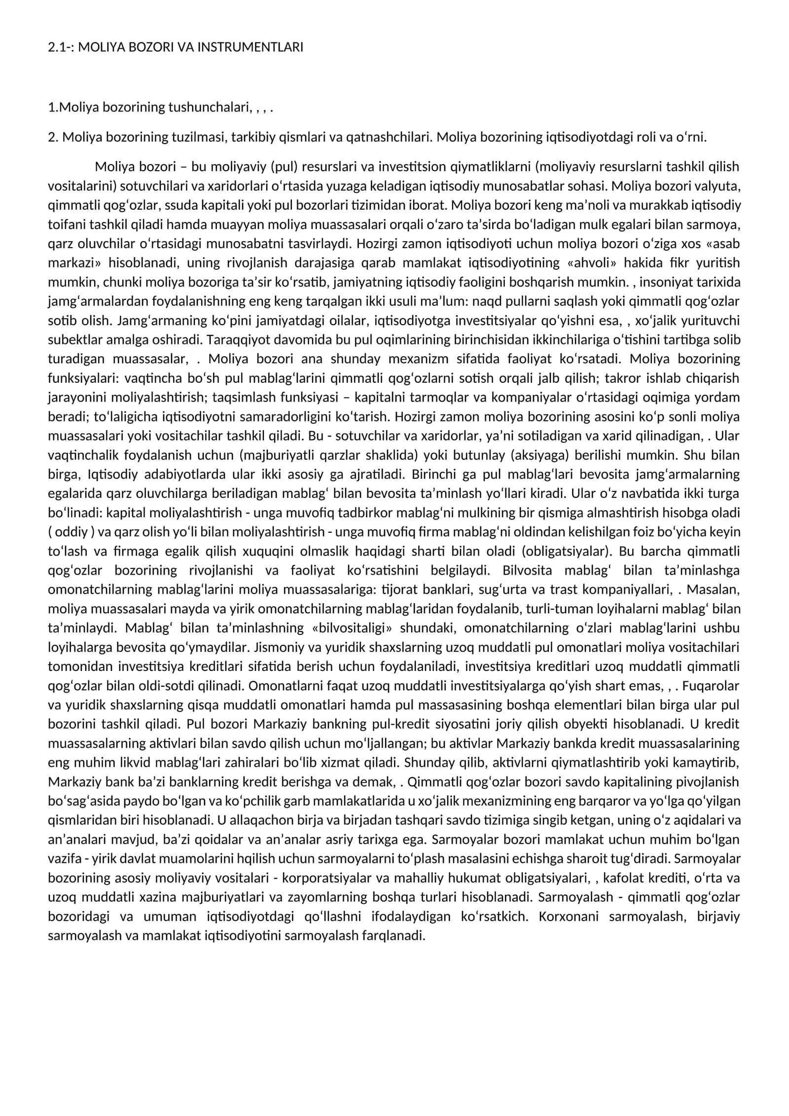 MOLIYA BOZORI VA INSTRUMENTLARI 1