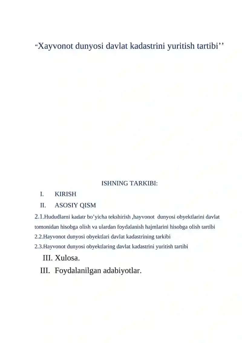 Hayvonot dunyosi davlat kadastrini yuritish tartibi