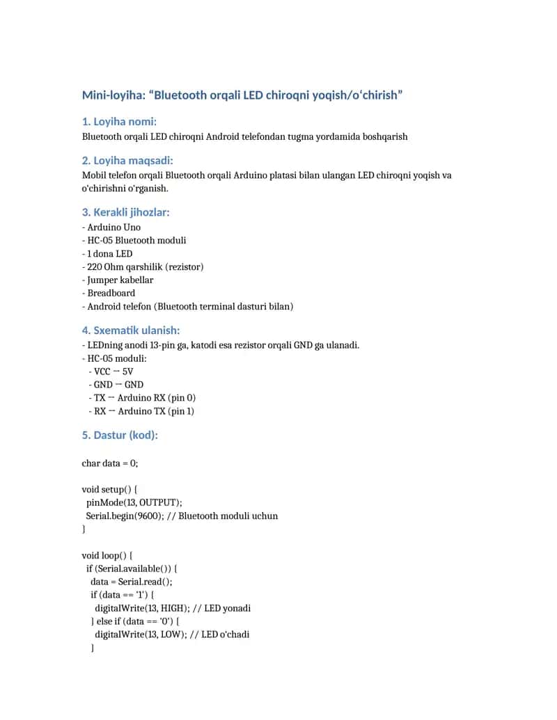 Bluetooth orqali LED chiroqni Android telefondan tugma yordamida boshqarish 1