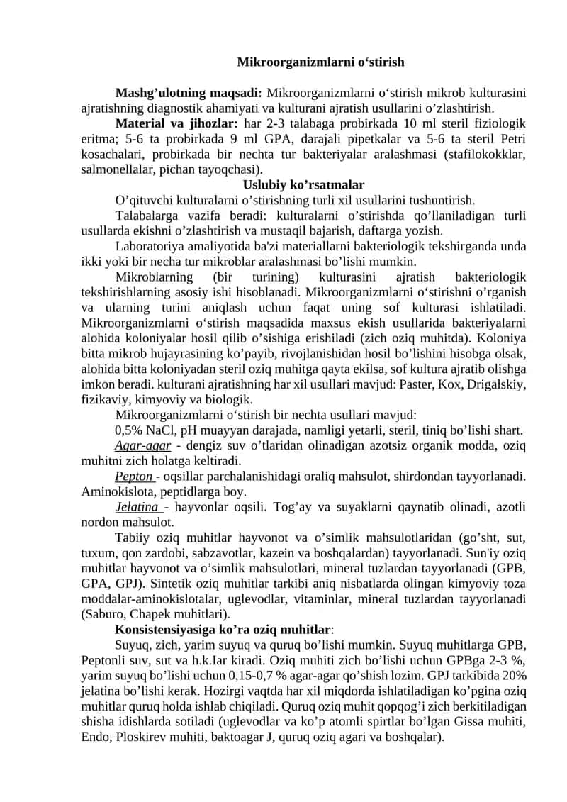 Mikroorganizmlarni o‘stirish 1