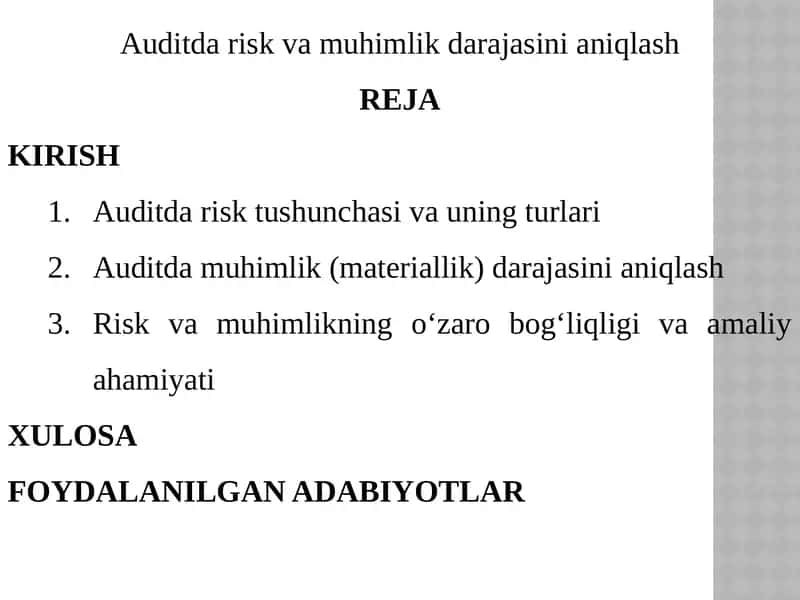 Auditda risk va muhimlik darajasini aniqlash 1