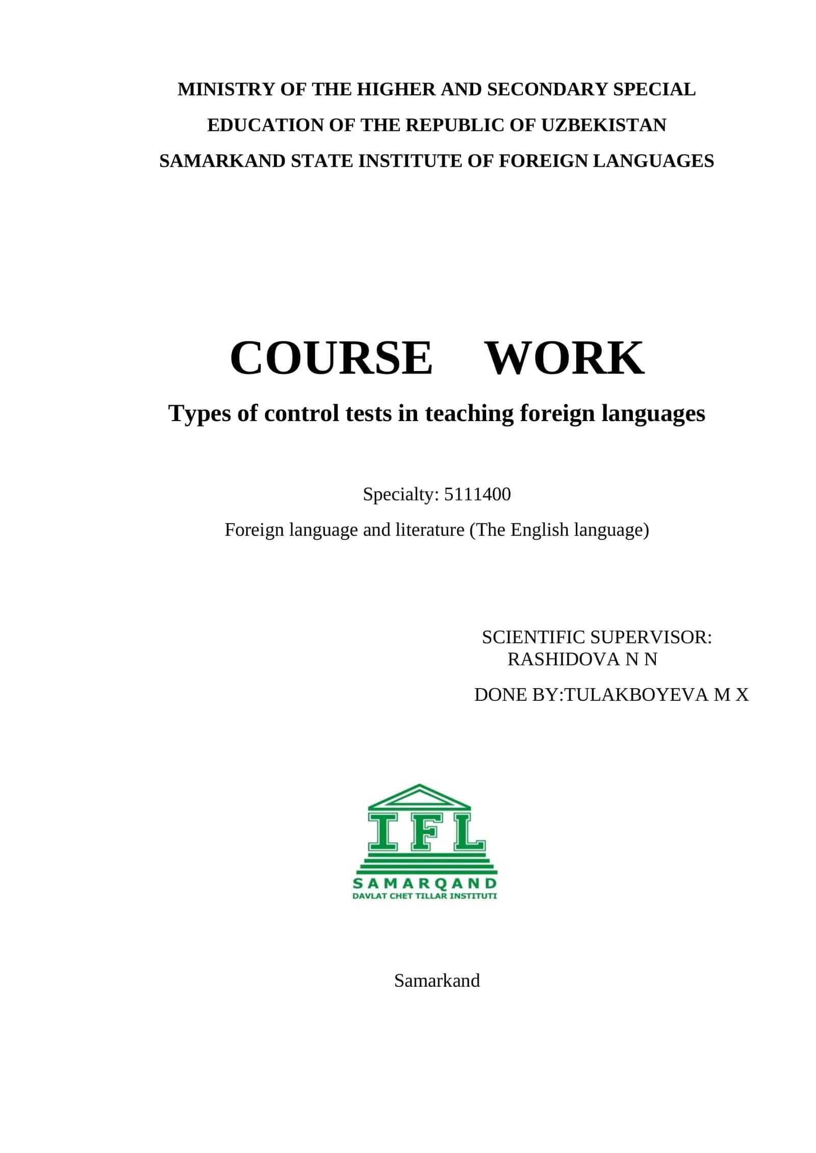 Course Work: Types of Control Tests in Teaching Foreign Languages 1