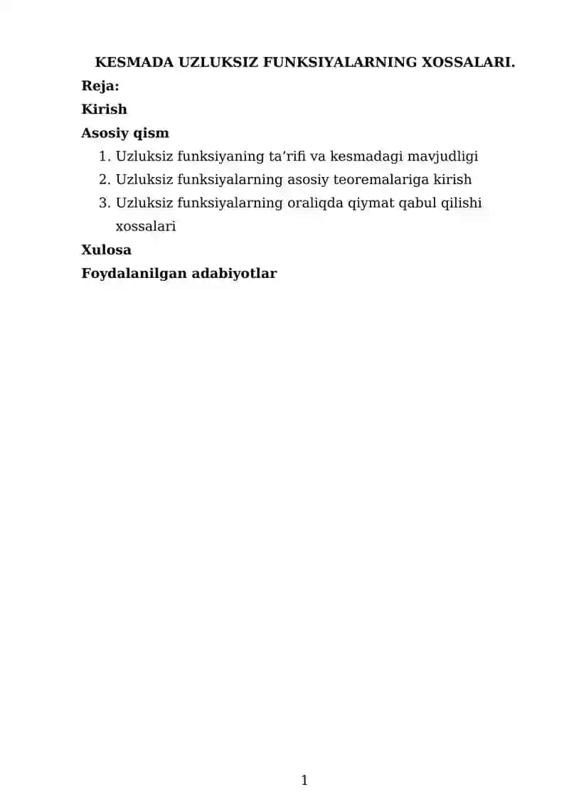 Kesmada Uzluksiz Funksiyalarning Xossalari