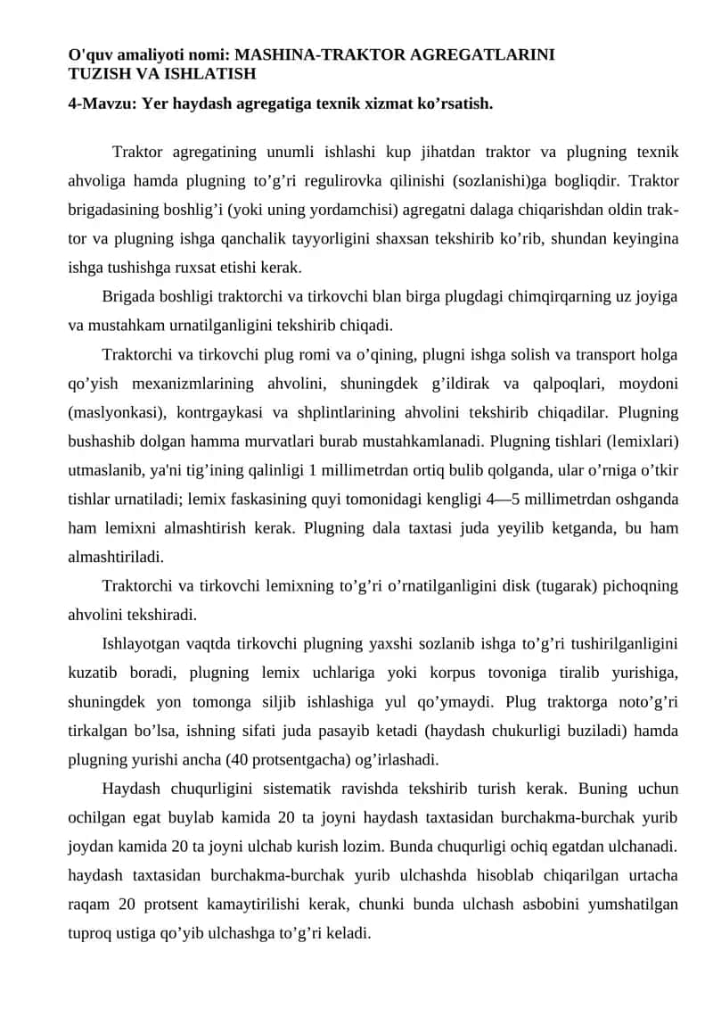 MASHINA-TRAKTOR AGREGATLARINI TUZISH VA ISHLATISH 1