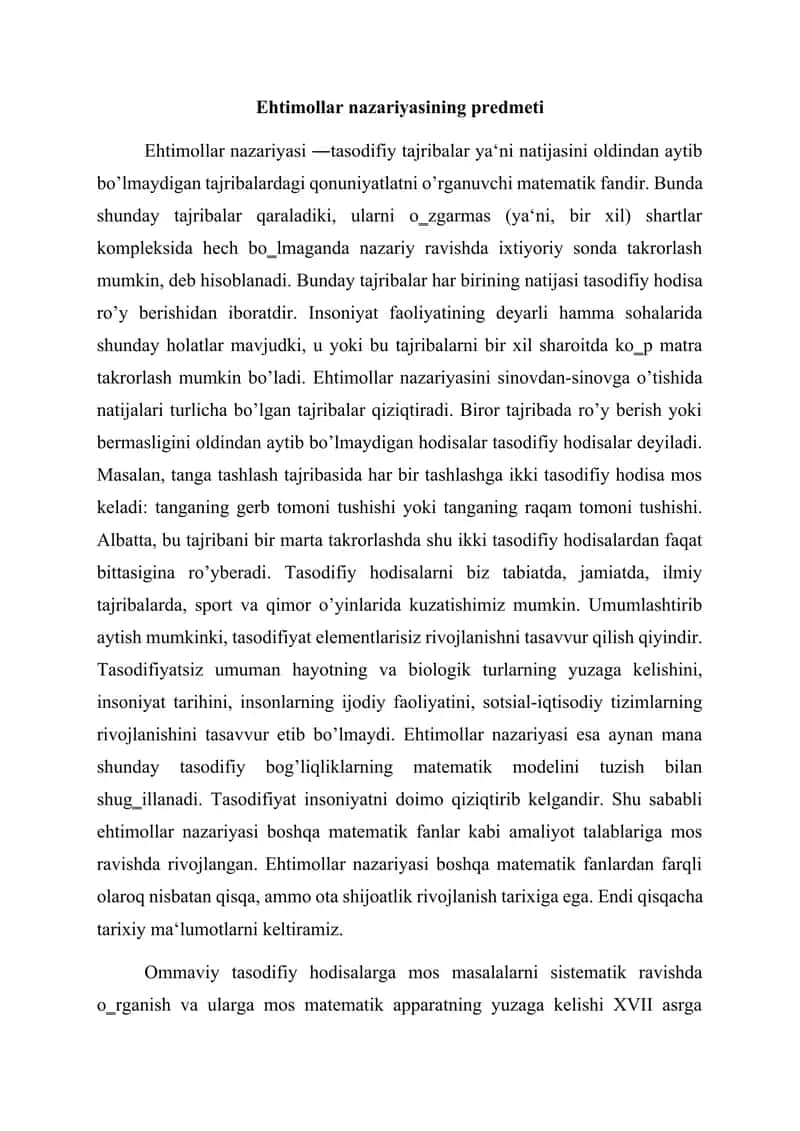Ehtimollar Nazariyasi. Tasodifiy hodisalar, ularning klassifikatsiyasi 1