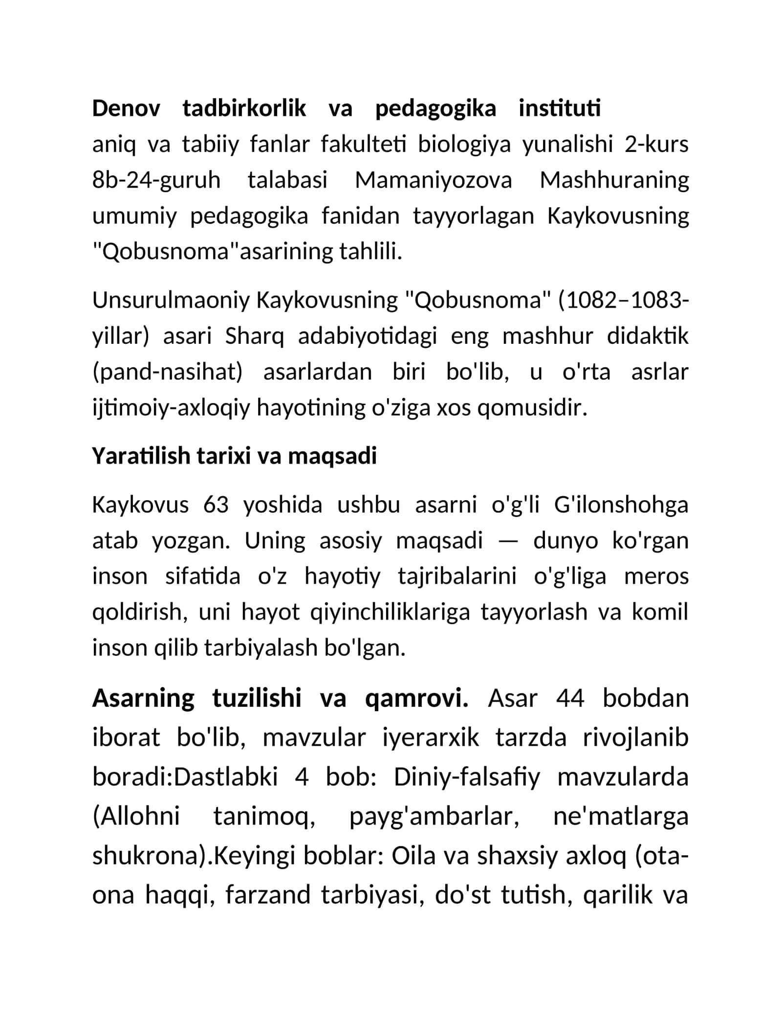 Kaykovusning "Qobusnoma" asarining tahlili 1